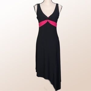 BISOU BISOU black with bright pink trim, asymmetrical dress in size 6. EUC